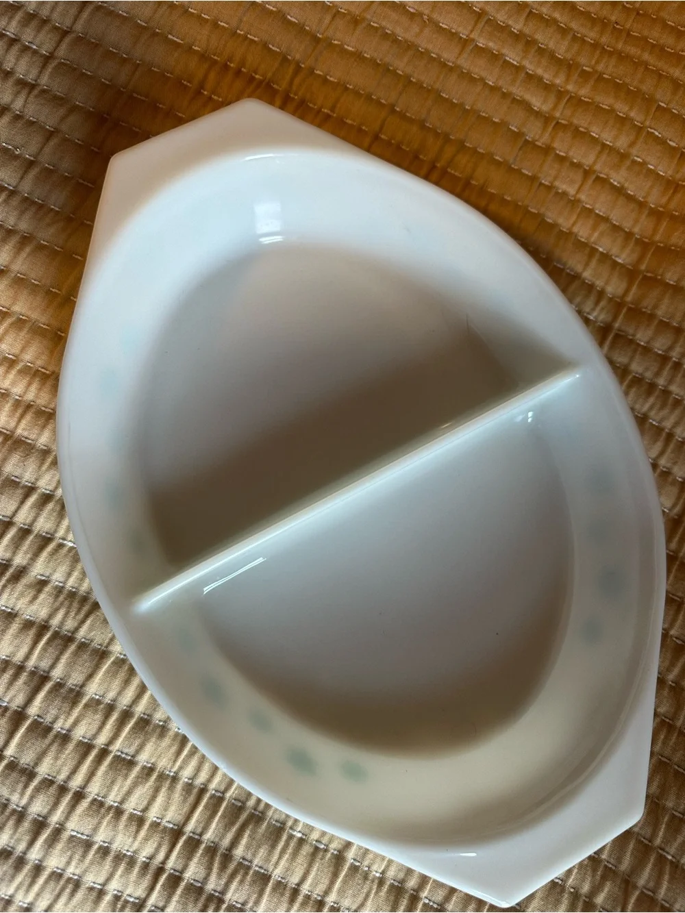Vintage 1950s/60s Pyrex White Divided Serving Dish with Teal Snowflakes